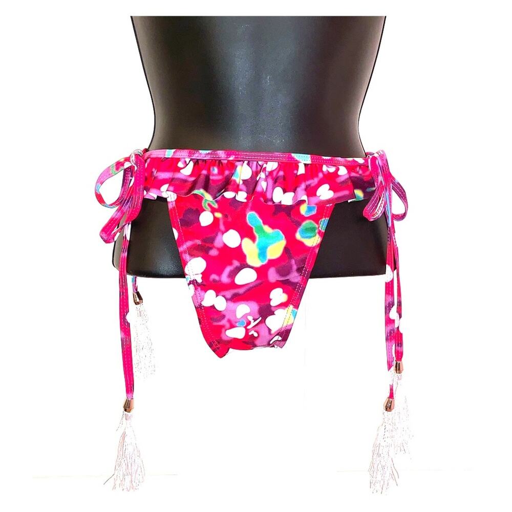 NWT Tie Side Tassel Bikini Bottom Size Large Pink Ruffle Waist Boho Swim